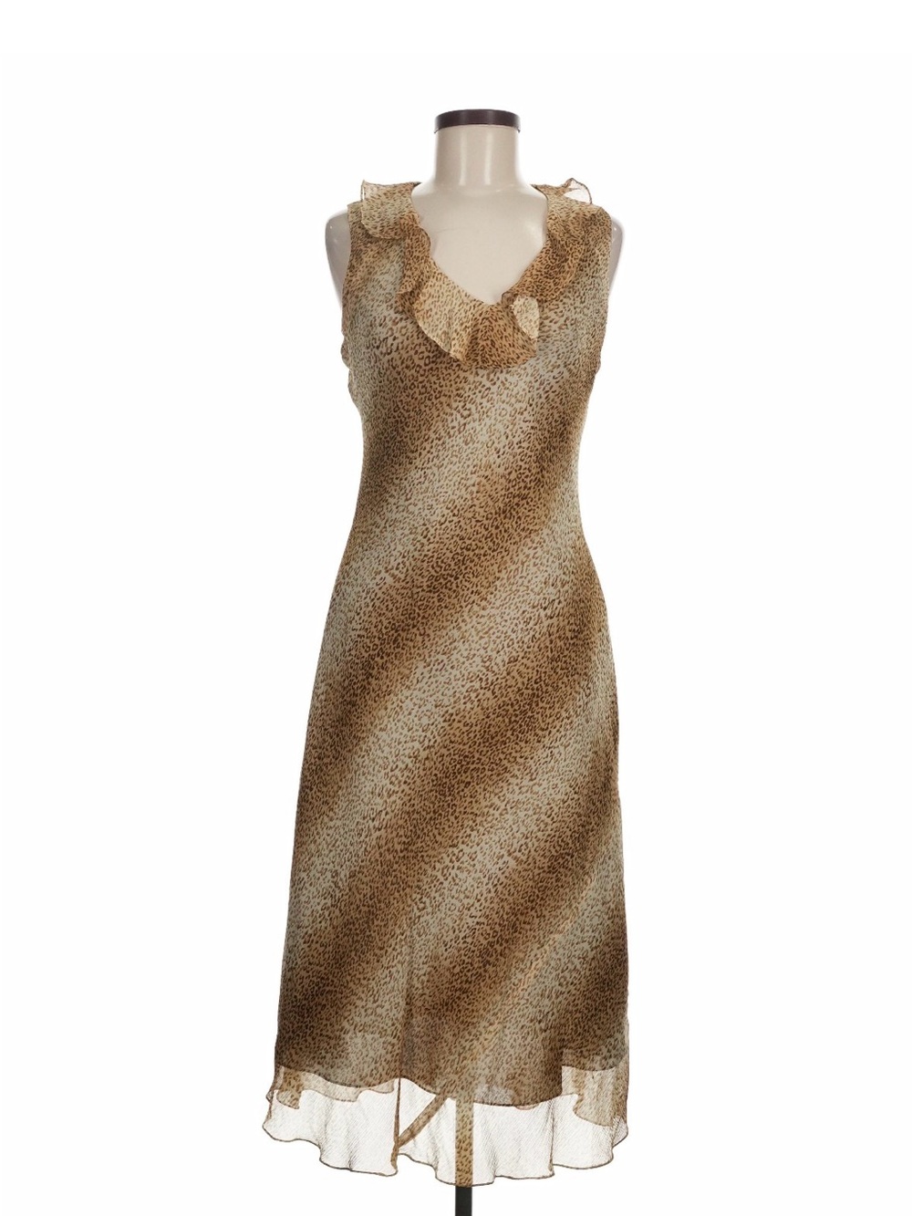 Jones New York Brown and Cream Ruffled Midi Dress 100% Silk